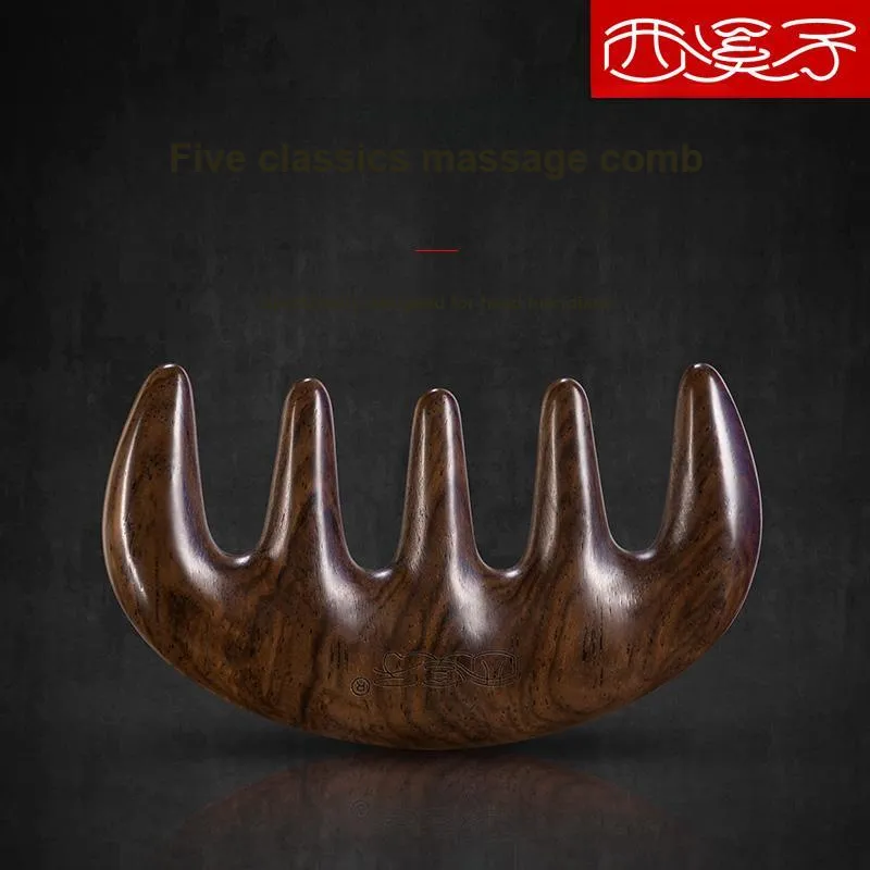 XIXIZI Natural Ebony Wood Five Tooth Massage Comb Head And Scalp Meridian Comb For Shoulders And Neck-7