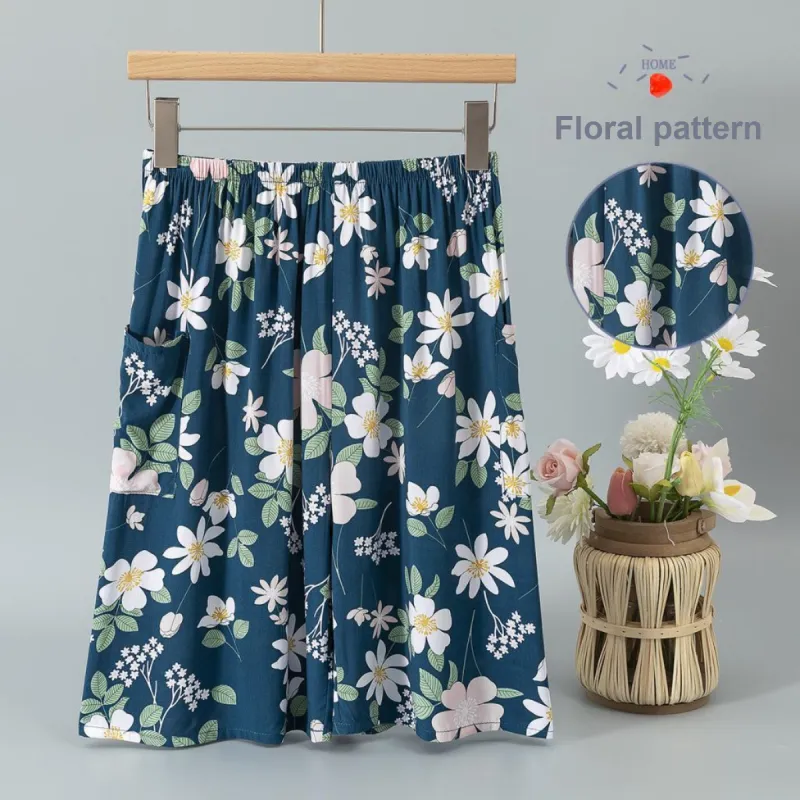 MADALLO Pajama Pants Women's Short Blue Base With Mulan Flower-2