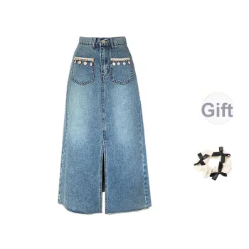 / Denim Long Skirts Women's Blue+Bowknot Hair Tie Comes With