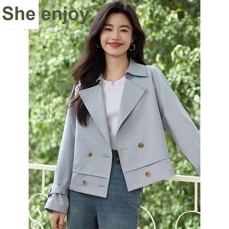 She Enjoys Cropped Coats Women's Light Gray Blue-3