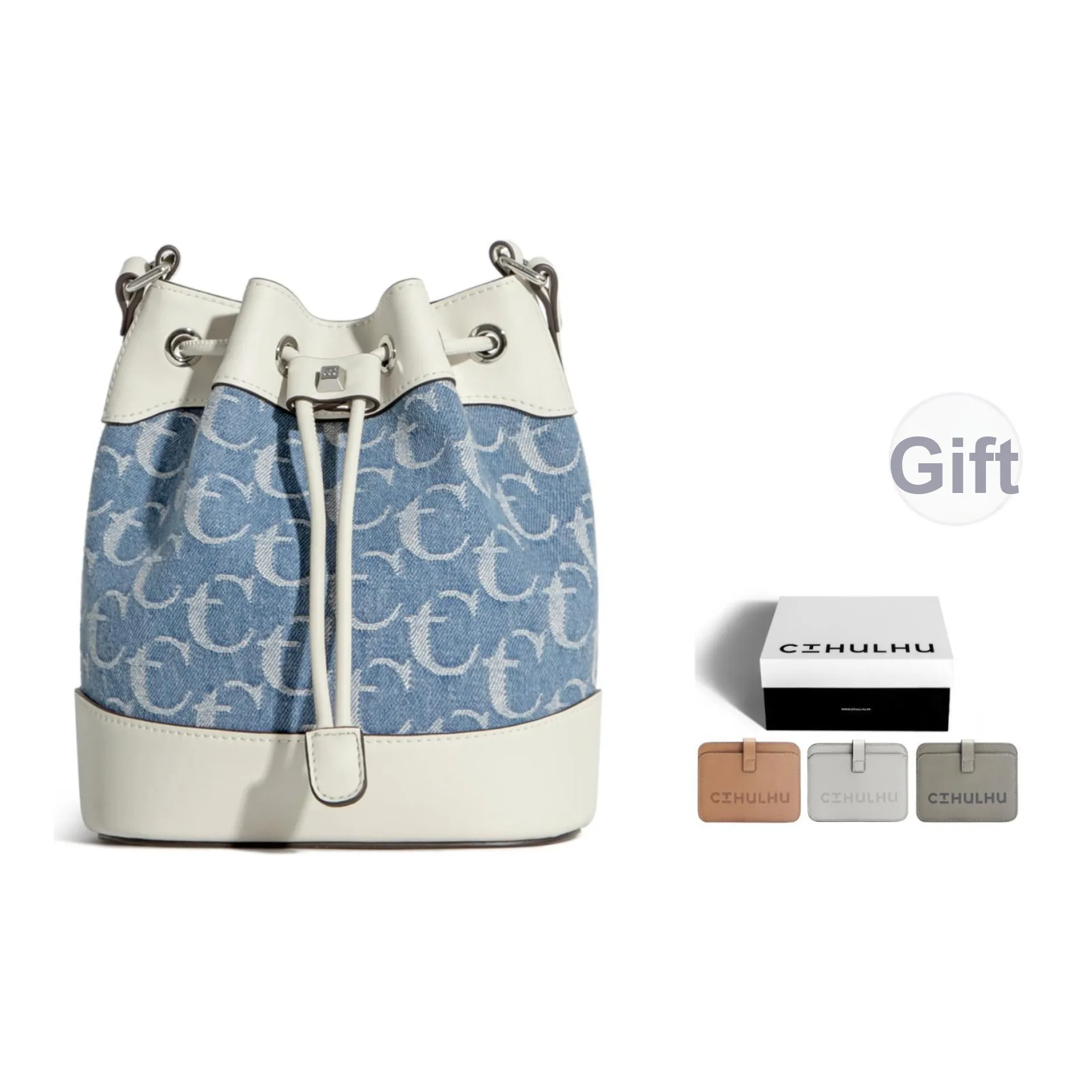 Cthulhu Cow Leather Inspiration Collection Niche Drawstring Bucket Bag Medium Size Women's Denim Blue