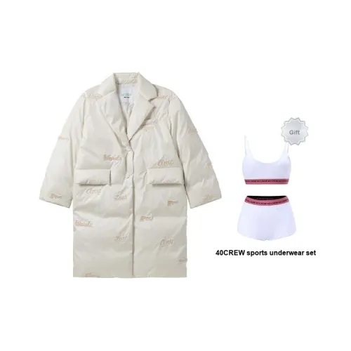 40 CREW Однотонный Отложной воротник Свободный крой Длинная пуховая куртка Женская Белая