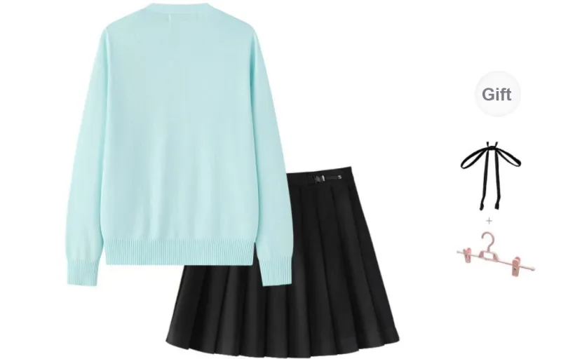 Tokyo Season Uniforms Women's Aqua Blue Sweater+Black Pleated Skirt, Comes With Free Turtleneck Cord-1