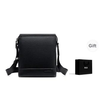 HLA Cow Leather Crossbody Bag Large Size Men's Black