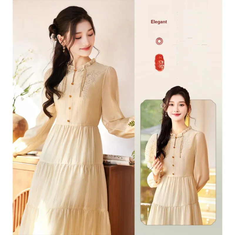 Like The Age Of Water Long Sleeved Dresses Women's Khaki-3