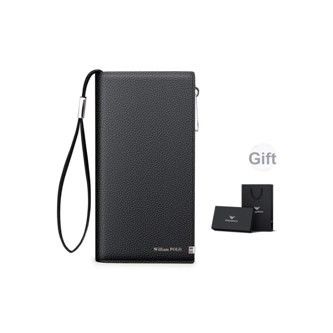 WilliamPOLO Cow Leather Long Multifunction Wallet Coin Zipper Handbag Regular Men's Black