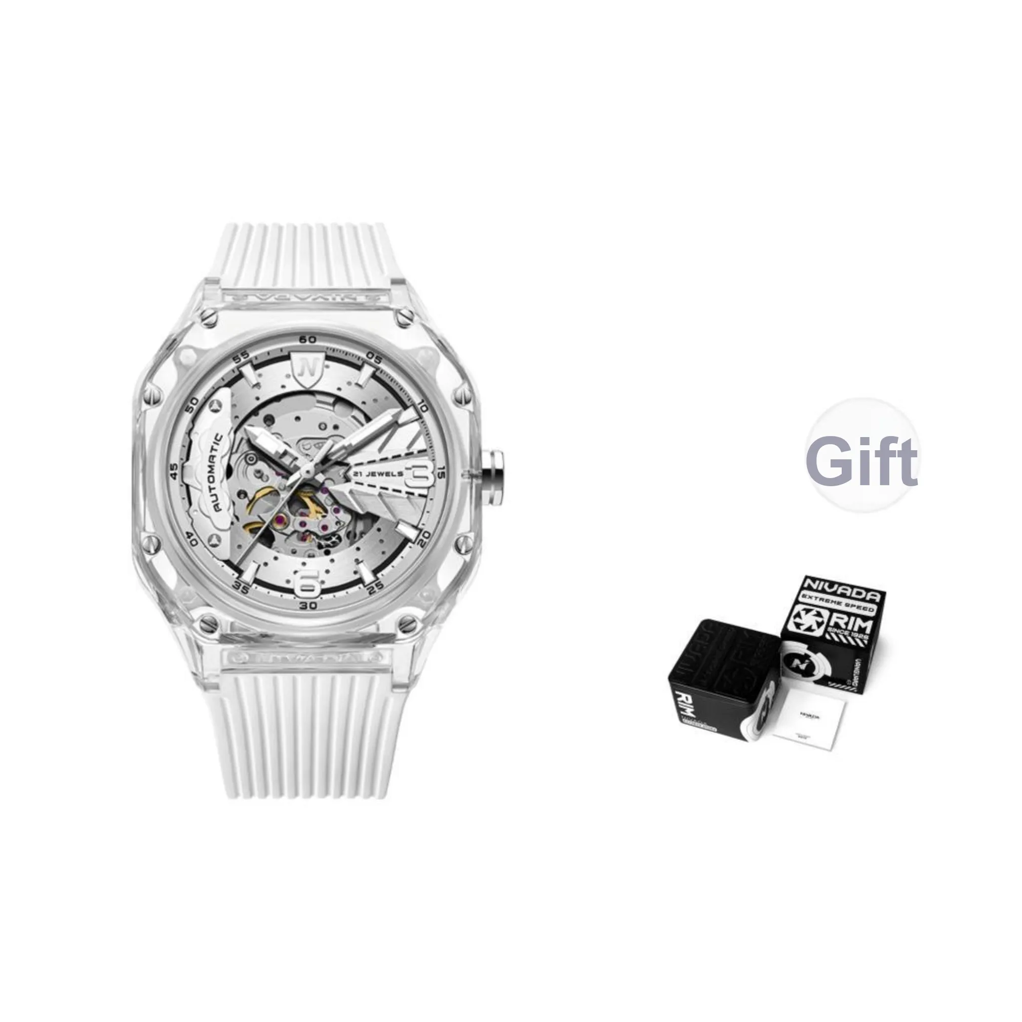 NIVADA Small Ice Cubes Automatic Mechanical Movement Unisex Watch Skeleton Dial Silicone Strap