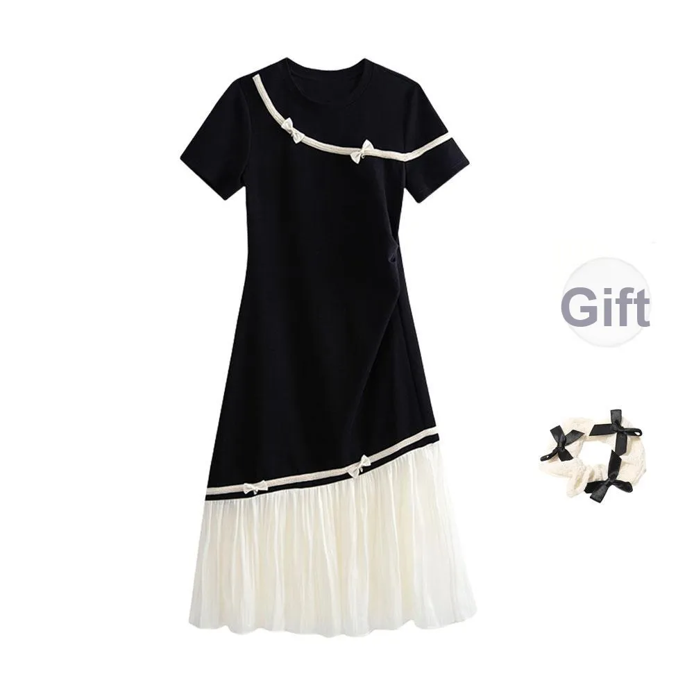 CPAURA Short Sleeved Dress Women's Black+Bowknot Hair Tie Comes With