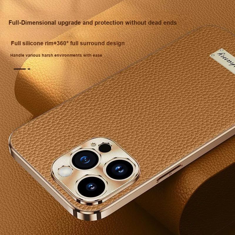Record Star Leather Material Electroplated Cow Leather Phone Cases Compatibility With Apple 15 Pro Business Formal-5
