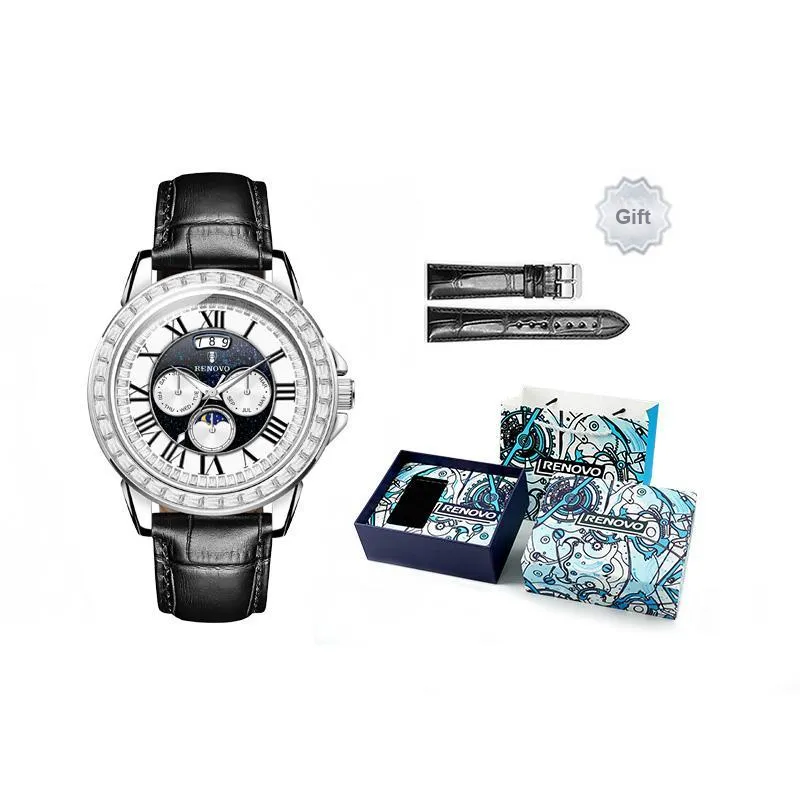 RENOVO Automatic Mechanical Movement Genuine Leather Strap Watch Men's Watches White Dial-7