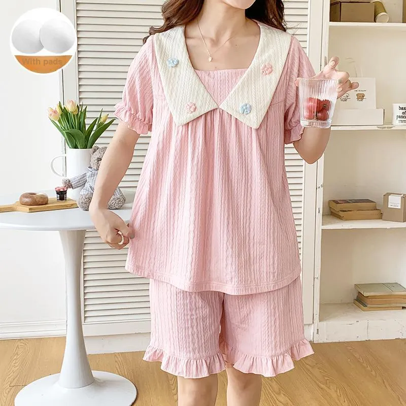CAIHENGTONG Pajama Set Women's Solid Color Small Flower Pink-1