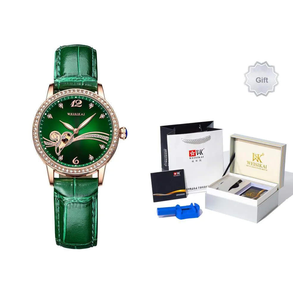 WSK Automatic Mechanical Movement Cowhide Strap Watch Women's Watch Green Dial