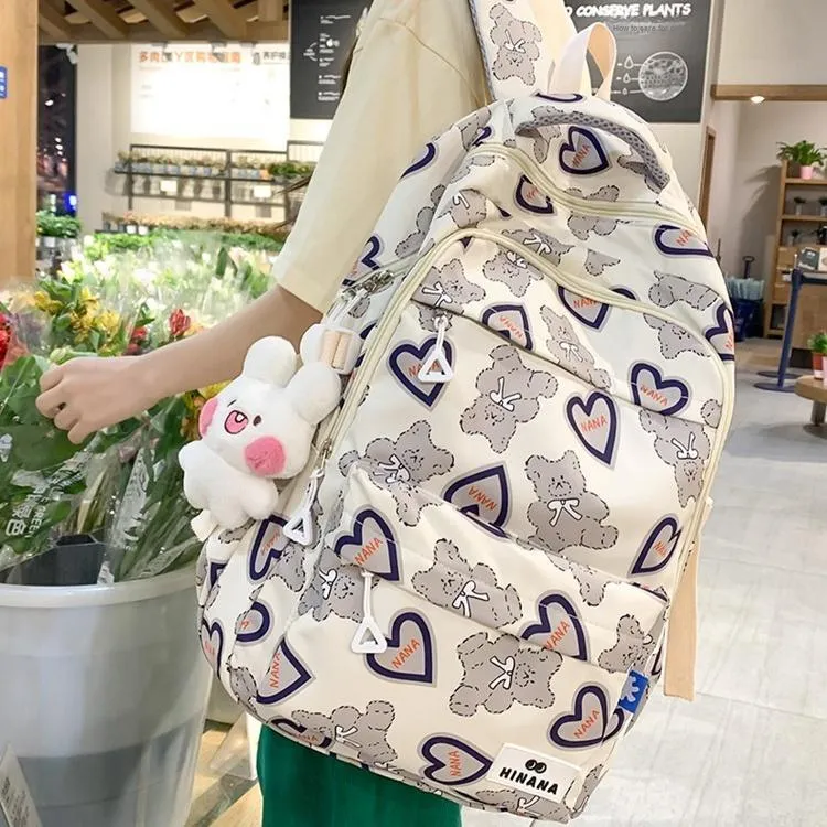 NX DOUGHNUT Nylon Backpack Regular Women's English Bear Ecru Heart Bear Pink Bear Black Bear Cow Pattern-6