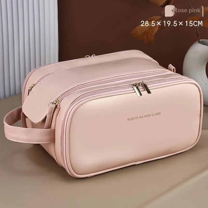 QEEDNS Double Zippers Portable Makeup Bags Good Looking PU Triple Layer-3