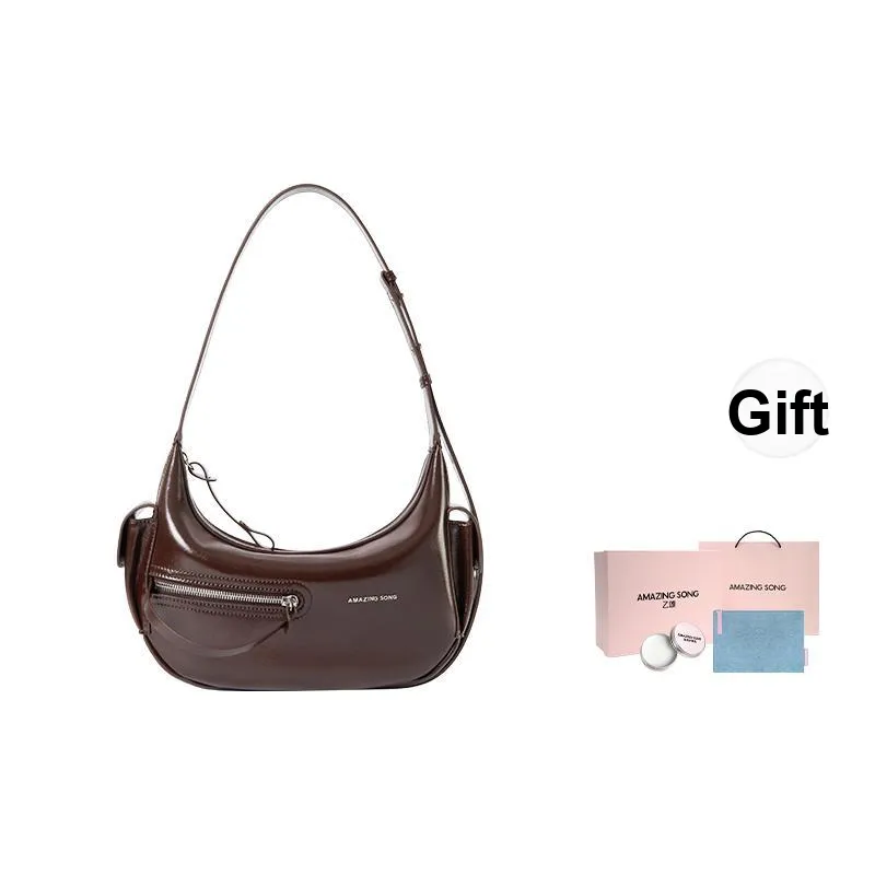 AMAZING SONG Cow Leather Shoulder Bag Crossbody Shoulder Bag Regular Women's Elegant Black/Cream White/Ancora Red-0