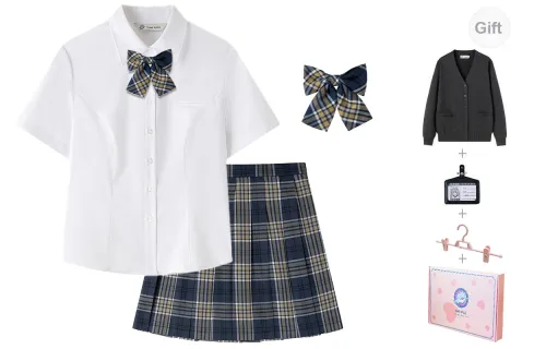 Tokyo Season Uniforms Women's Carbon Gray Cardigan+White Short-Sleeved Shirts+Yellow Blue Plaid Skirt