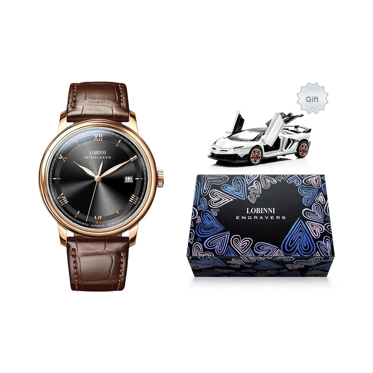 LOBINNI L THREE Hand Мужские часы Автоматический механический механизм Коровья кожа Ремешок Часы Мужские часы Золотой циферблат