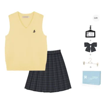 Ice Cream And Whale Uniforms Women's Custard Vest+Lilac Checkered Skirt Comes With Free Bow Tie+School Emblem