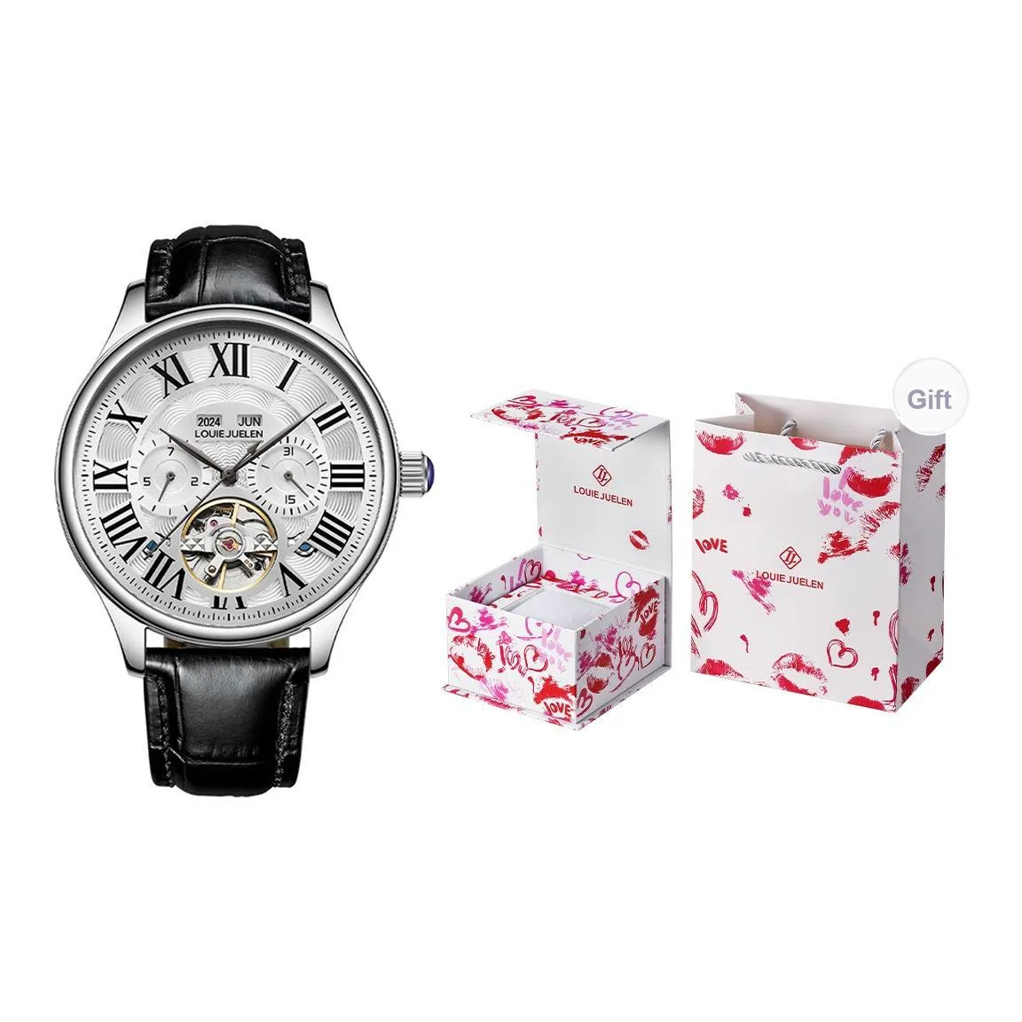 LOUIE JUELEN Автоматический механический механизм натуральная кожа ремень часы для мужчин белый циферблат