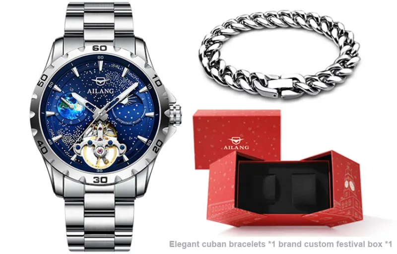 AILANG Automatic Mechanical Movement Stainless Steel Watchband Watch Men's Watches Blue Dial-6