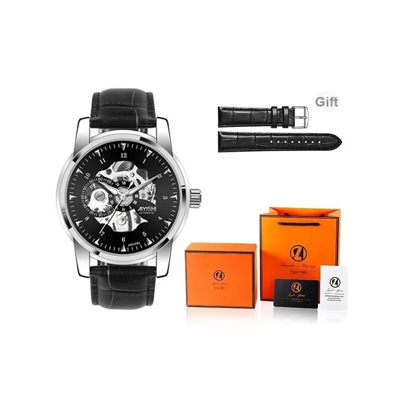 AIYISHI Play The Cool Series Automatic Mechanical Movement Leather Watch Bands Chinese Watches Men's Watches Black Dial
