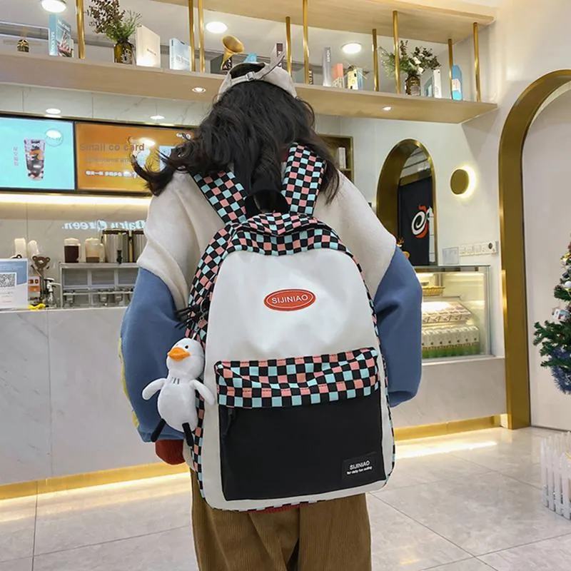 DALO Nylon Backpack Shoulder Bag Unisex Black White Plaid/Colorful Plaid-5