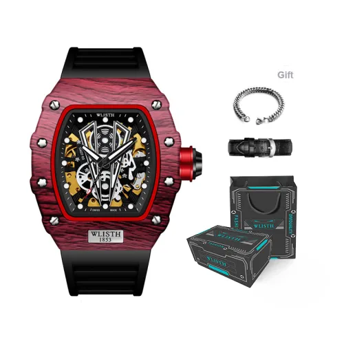 WLISTH Barrel Shaped Men's Wrist Watch Mechanical Movement Rubber Strap Watch Men's Watches Black Dial