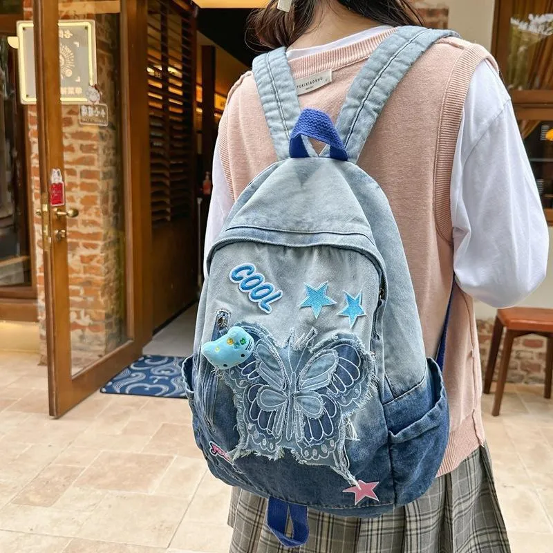 MINLUBAOLUO Denim Ins Effortless Style Hot Girl Backpack-2