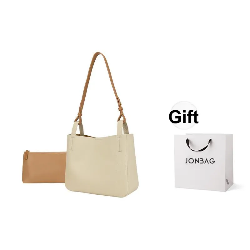 JONBAG Synthetic Leather Basket Bag Bucket Tote Shoulder Bag Medium Size Women's Matte Almond
