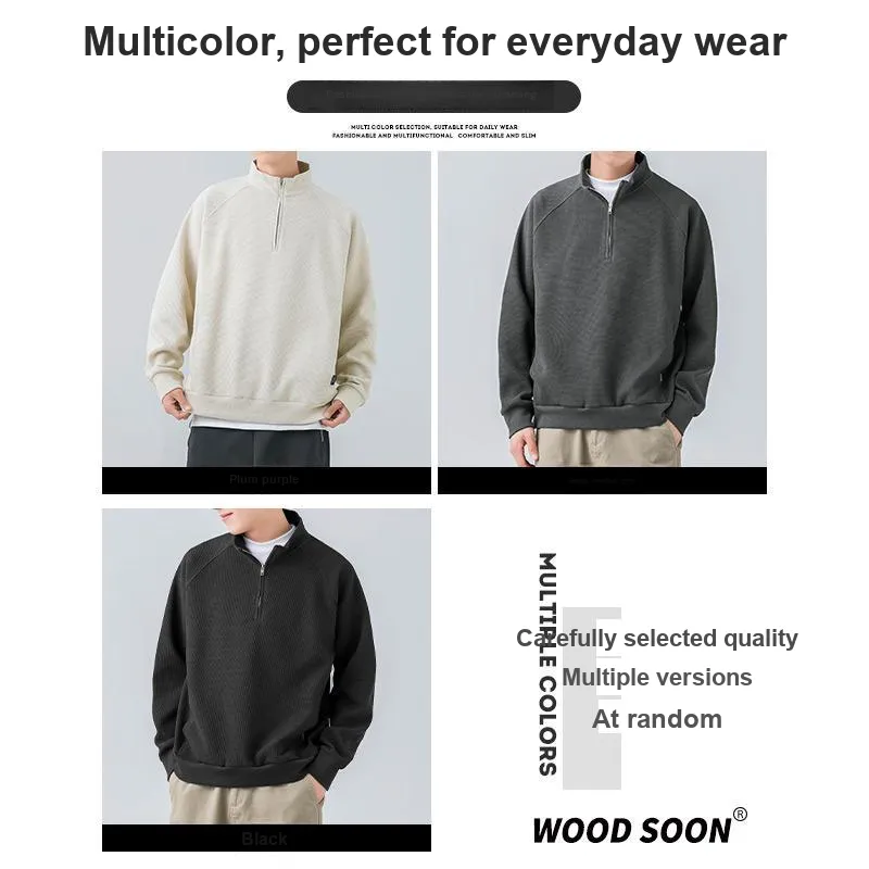 WOOD SOON Loose Fit Pullover Long Sleeved Versatile Solid Color T Shirt Men's-3