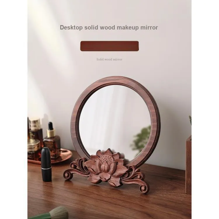 XIBI Vintage Wooden Round Vanity Table With Chinoiserie Traditional Chinese Style Desktop Mirror For Wedding Dowry-2
