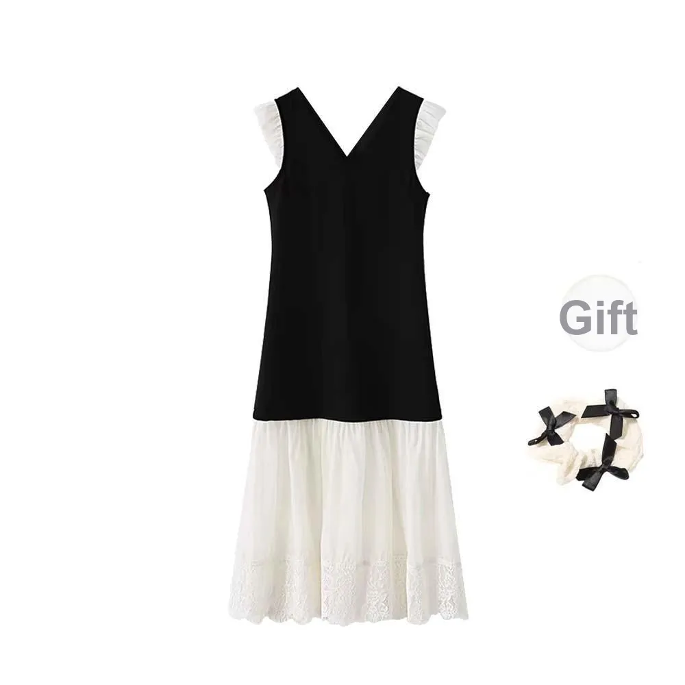 TURN UP Short Sleeved Dress Women's Black White+Bowknot Hair Tie Comes With