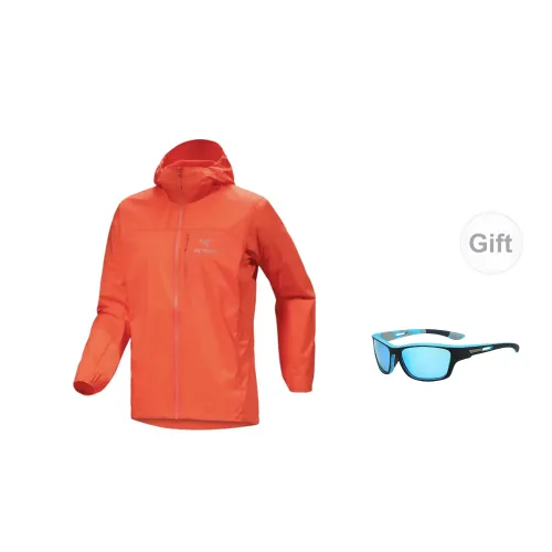 Arcteryx Squamish Windbreaker Jackets Men Sunset Orange Includes Eyeglasses With Blue Frame And Blue Lenses