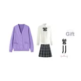 Purple Cardigan+V-Neck Length Sleeve+Dark Night Killer Short Skirt, Includes Bow Ties+Calf Socks+Hanger