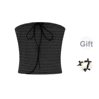 CPAURA Strapless Tops Women's Striped Strapless Top+Bowknot Hair Tie Comes With