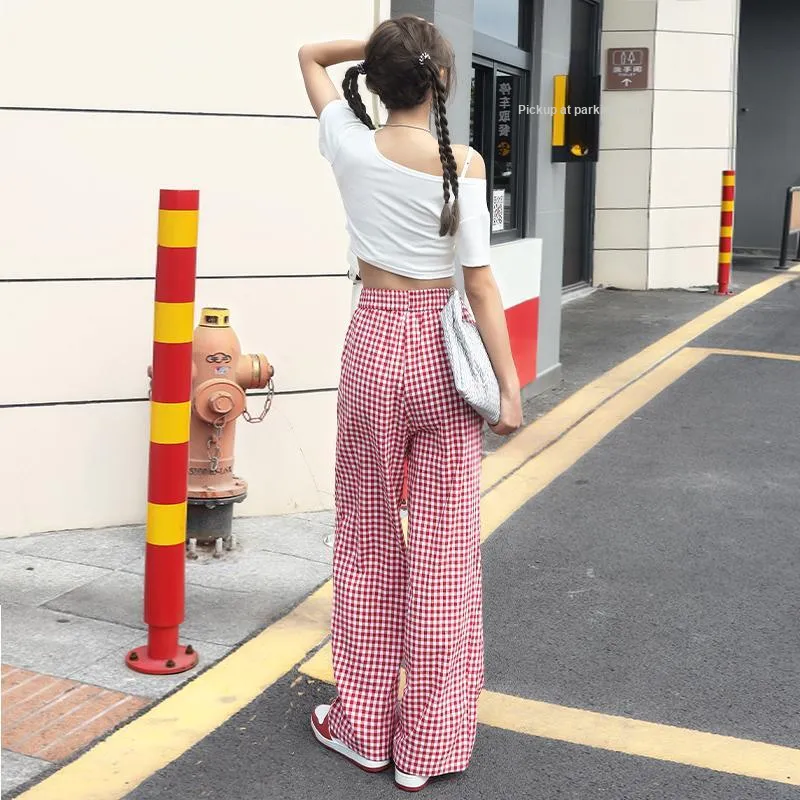 Wen Shan Casual Pants Women's Red Plaid Pants-4