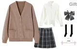 Brown Cardigan+White Long Dress with Cinched Waist+Dark Night Killer Short Skirt, Includes Bow Ties+Calf Socks+Hanger