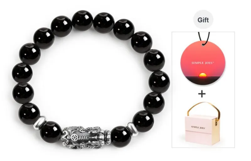 SIMPLE JOYS Obsidian 3D Sterling Silver Chinese Auspicious Animal Beaded Bracelet Unisex-16