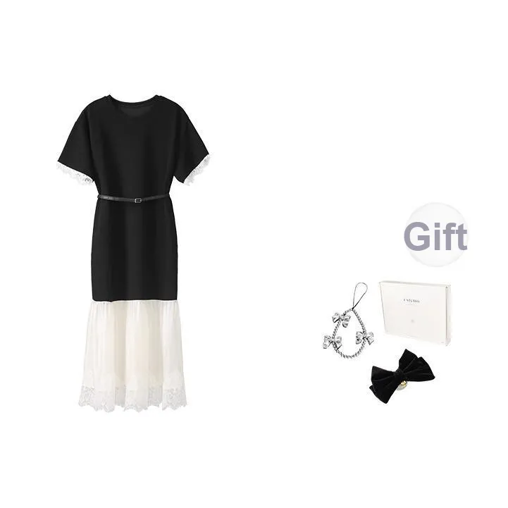 Fstudio Корейский стиль Кружево And Текстура Контрастность Элегантный Короткий рукав Платье Женское