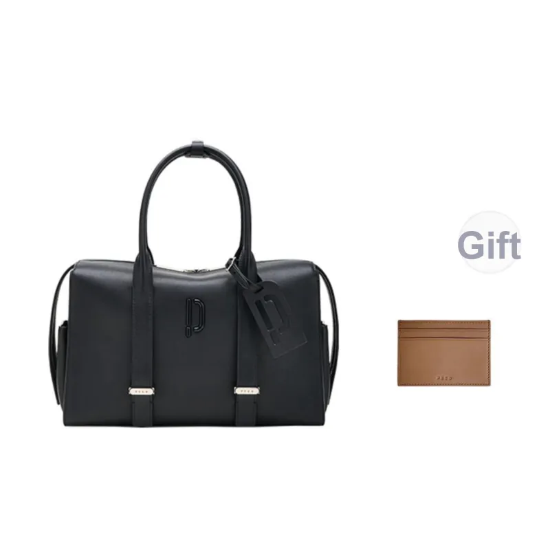 PECO Cow Leather Handbag, Bowling Bag Unisex Black/Brown-0