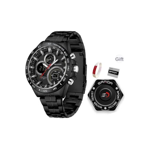 Sanda Электронный + Кварцевый механизм Стальной ремешок Часы Мужские Черный циферблат