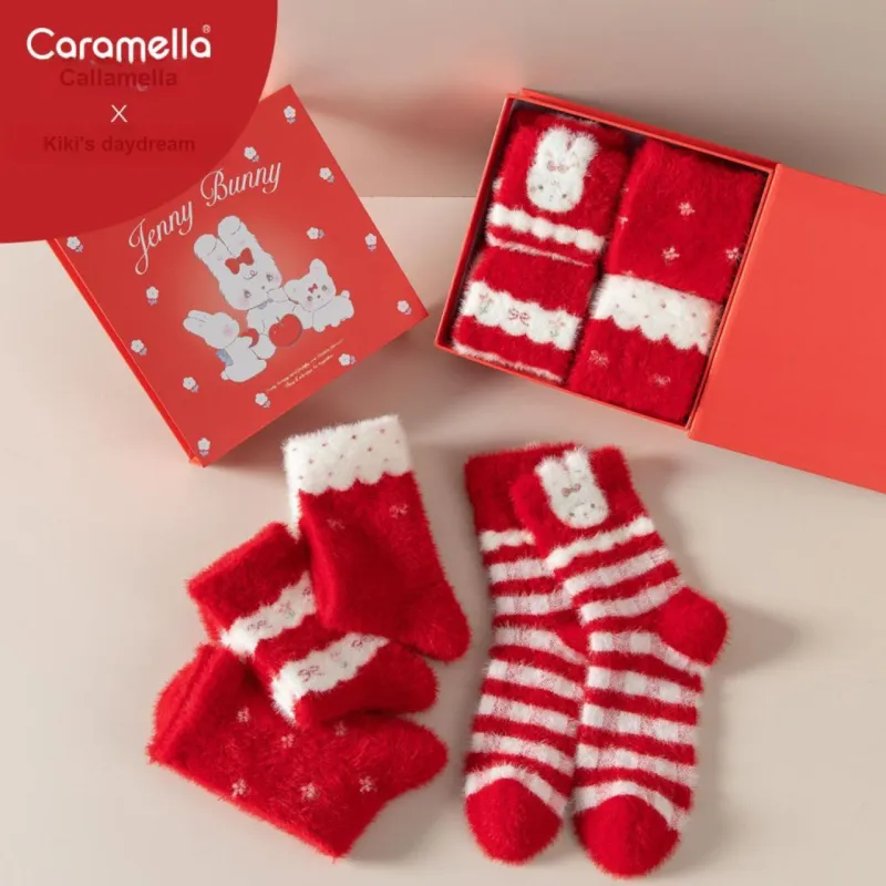 Caramella x Kiki, Mid Calf Socks Women's Box 4 Pack Red-1
