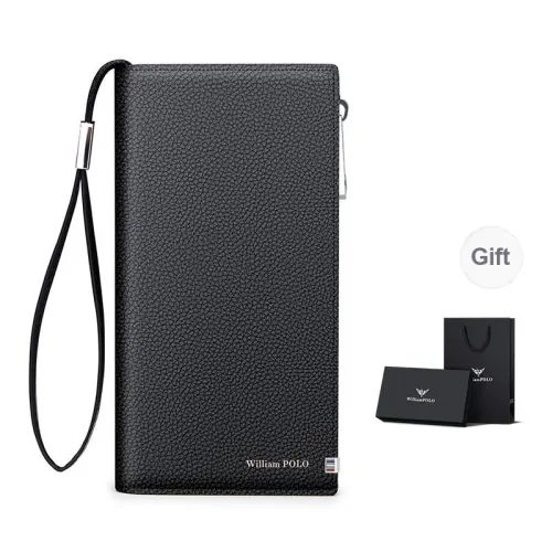 WilliamPOLO Cow Leather Long Multifunction Wallet Coin Purse Zipper Clutch Regular Men's Black