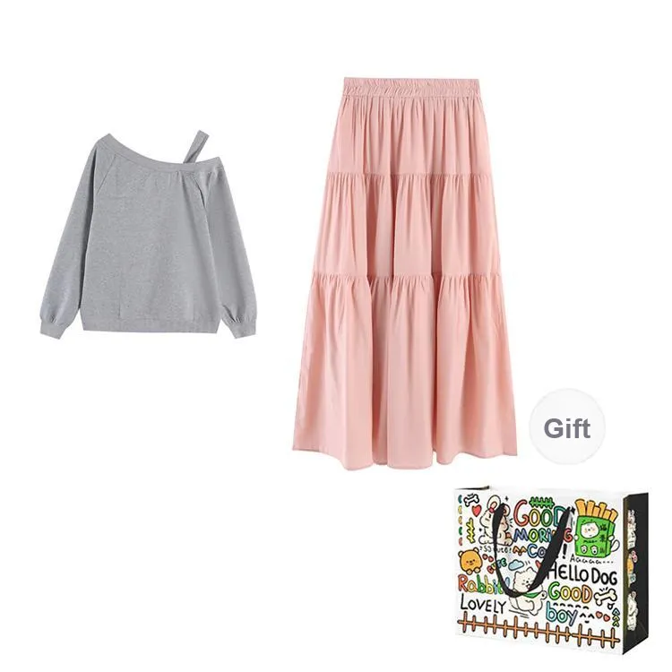 DEDY Skirt Set Women's Gray Top/Pink Skirt-1