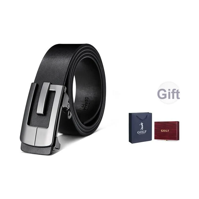 GOLF Коровья кожа Спилок Автоматическая застежка Ремень Мужской Черный Металлик 3,5 см