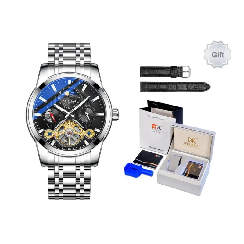 WSK Mechanical Movement Steel Strap Men's Watches White Dial-2