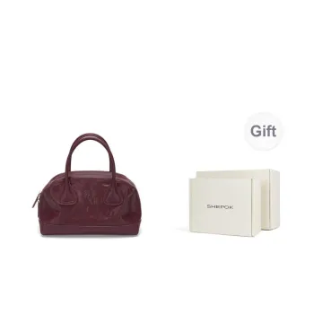 SHEPOK Vegetable Tanned Cow Leather Bowling Bag Shoulder Bag Handbag Women's Coffee/Black/Burgundy/China Red