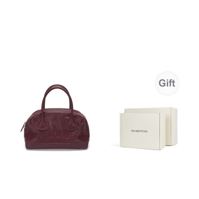 SHEPOK Vegetable Tanned Cow Leather Bowling Bag Shoulder Bag Handbag Women's Coffee/Black/Burgundy/China Red-0