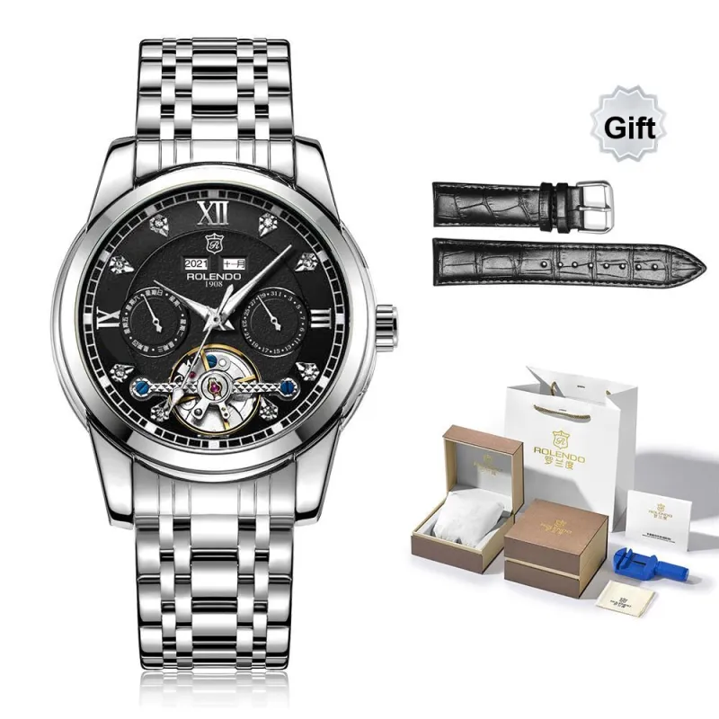 ROLENDO R Tide Play Series Automatic Mechanical Movement Stainless Steel Watchband Watch Men's Watches Black Dial-0