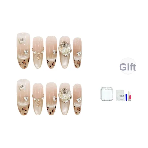 JINGCHANXUE Кленовый Sugar Леопардовый принт Роскошь Stacked Ромб Handcrafted False Nail Овал Французский Градиентный Кошачий глаз 16mm